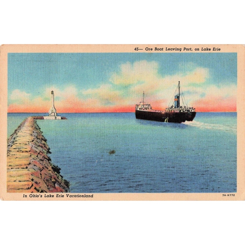 Ore Boat Lake Erie Ohio OH Lighthouse Freighter Linen Postcard 1937 Curt Teich